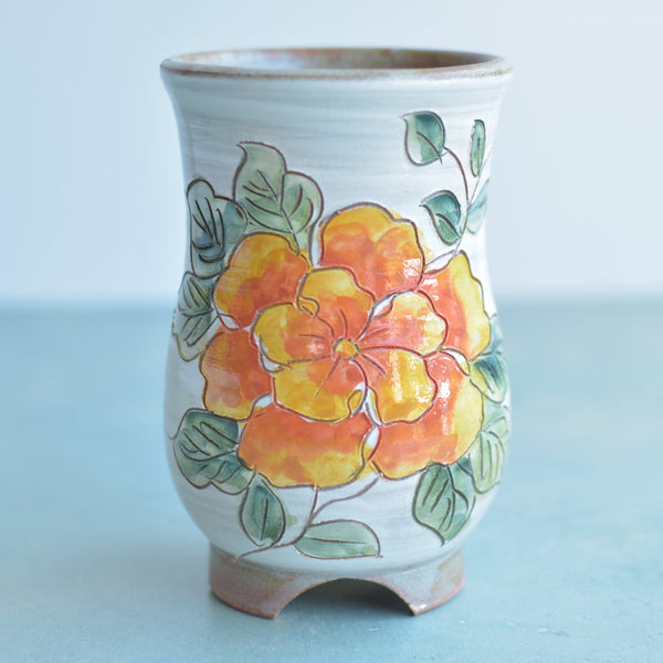 Handmade Ceramic Succulent Pot with Orange Flower Approximately 3.5"