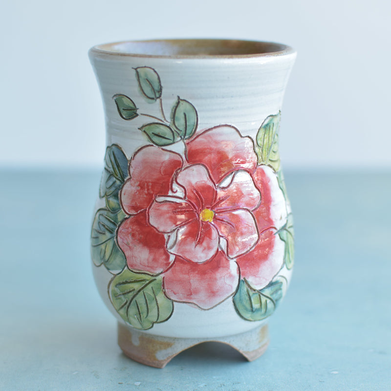 Handmade Ceramic Succulent Pot with Red Flower Approximately 3.5"