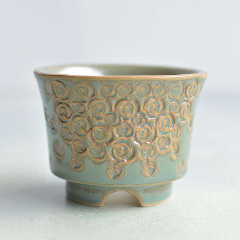 Green Handmade Ceramic Succulent Pot with Flower Design Approximately 3" (Toun Kiln Studio)