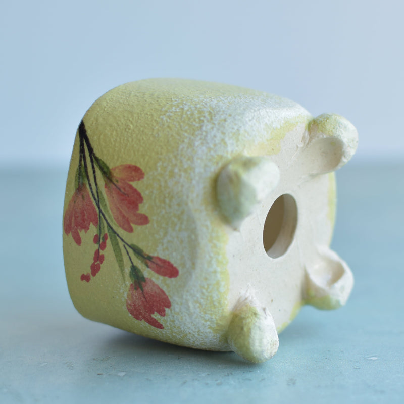 Square Green Handmade Ceramic Succulent Pot with Red Flowers Approximately 3"