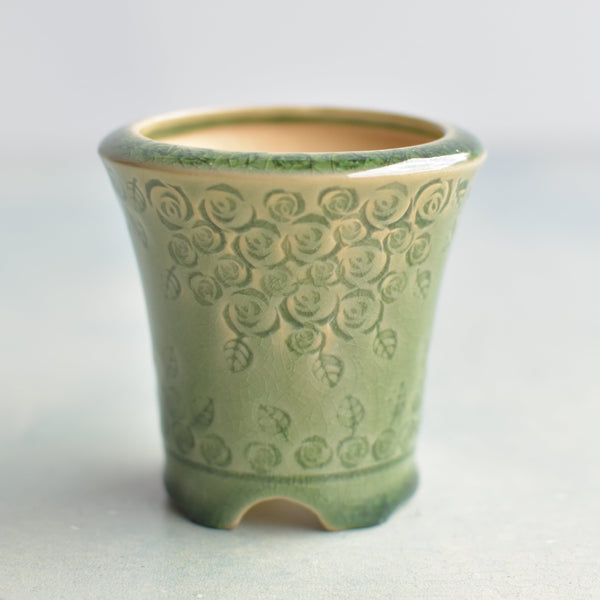 Green Handmade Ceramic Succulent Pot with Flower Design Approximately 2" (Toun Kiln Studio)