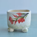 Square Handmade Ceramic Succulent Pot with Red Flowers Approximately 3"