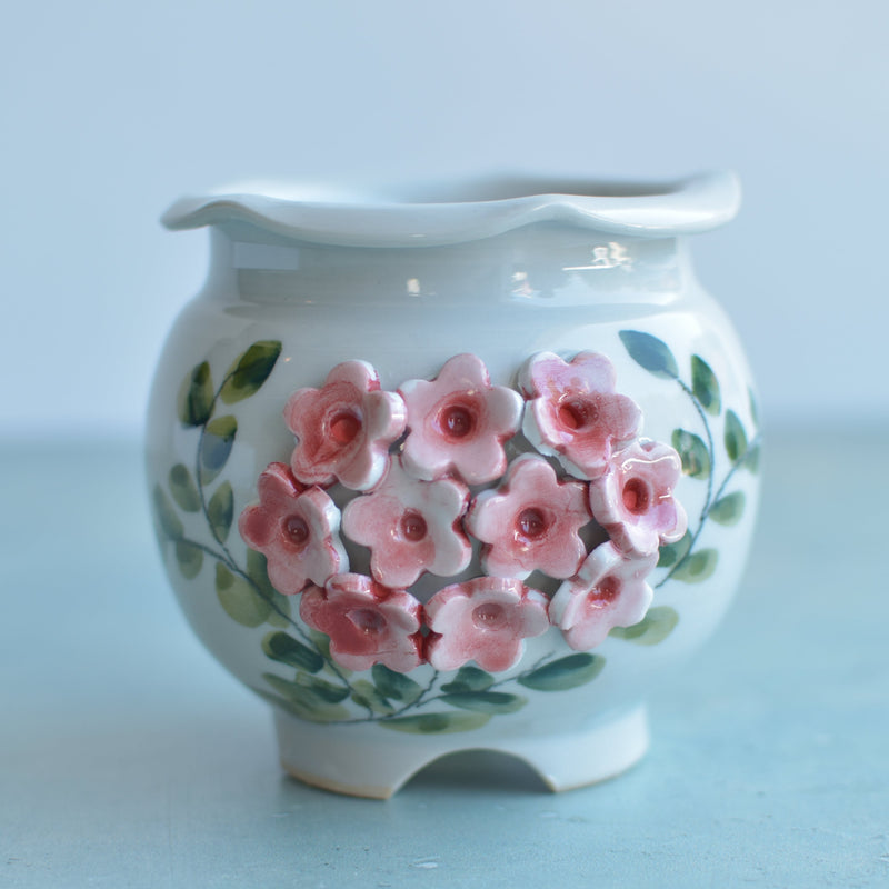 Handmade Ceramic Succulent Pot with Red Flowers Approximately 3.5"