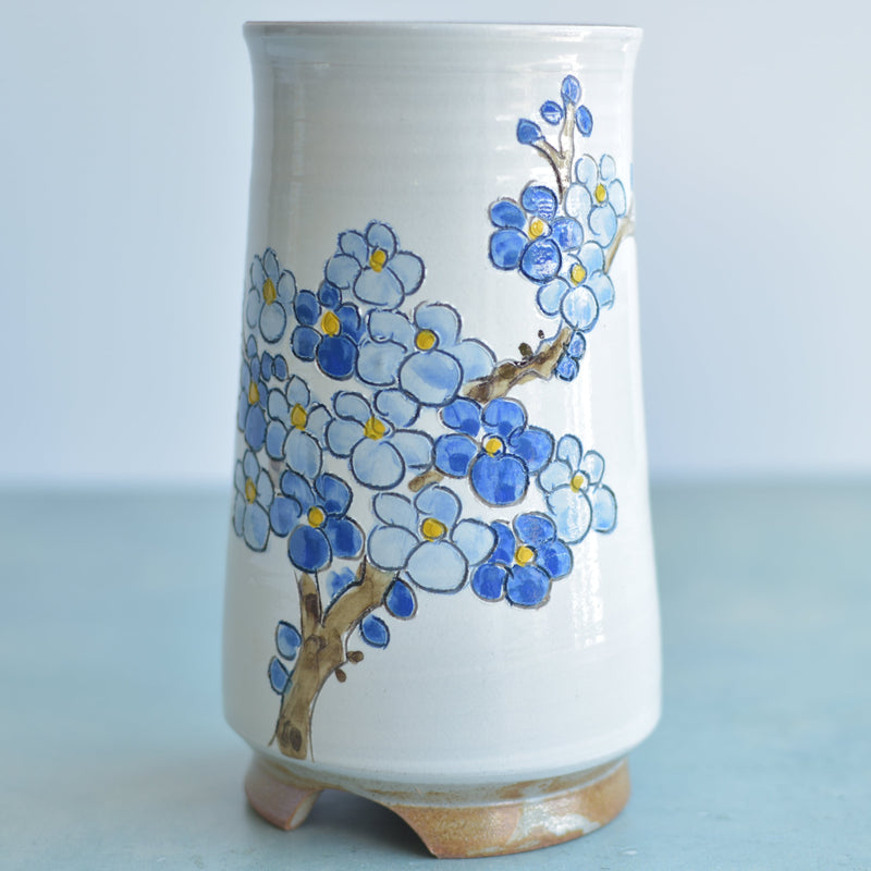 Tall Handmade Ceramic Succulent Pot with Blue Flower Branch Approximately 3.5" Wide x 7" Tall
