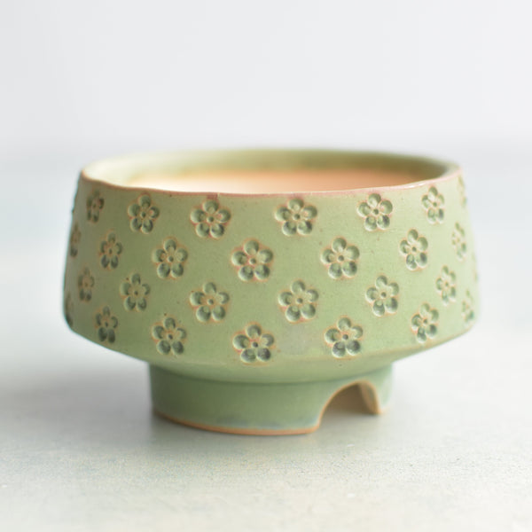 Green Handmade Ceramic Succulent Pot with Flower Stamp Approximately 3" (Toun Kiln Studio)