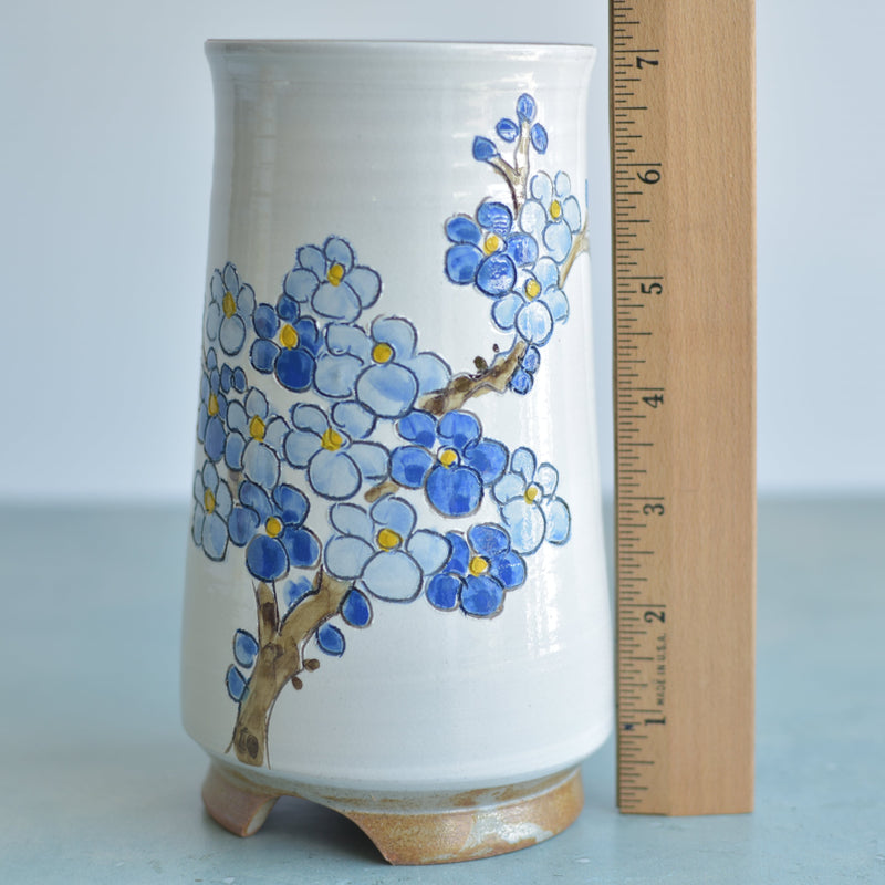 Tall Handmade Ceramic Succulent Pot with Blue Flower Branch Approximately 3.5" Wide x 7" Tall