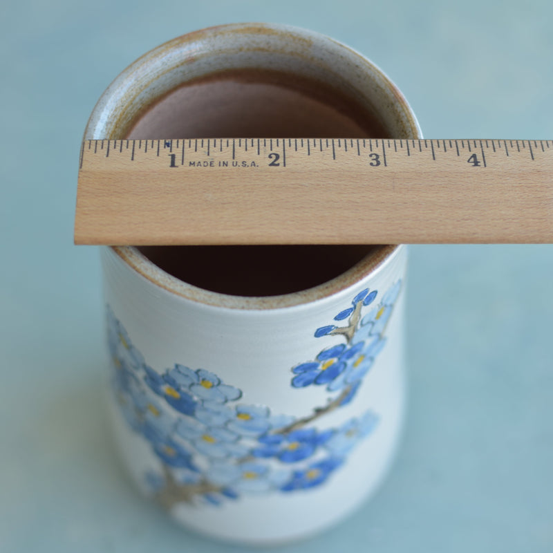 Tall Handmade Ceramic Succulent Pot with Blue Flower Branch Approximately 3.5" Wide x 7" Tall
