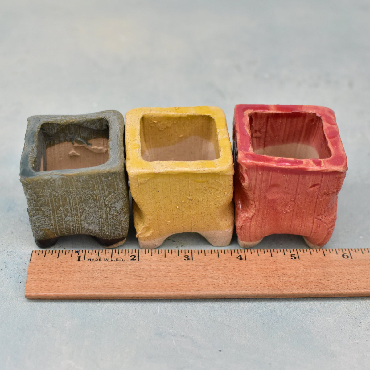 Small Green, Blue and Red Square Ceramic Succulent Pots (Set of Three) Approximately 2"