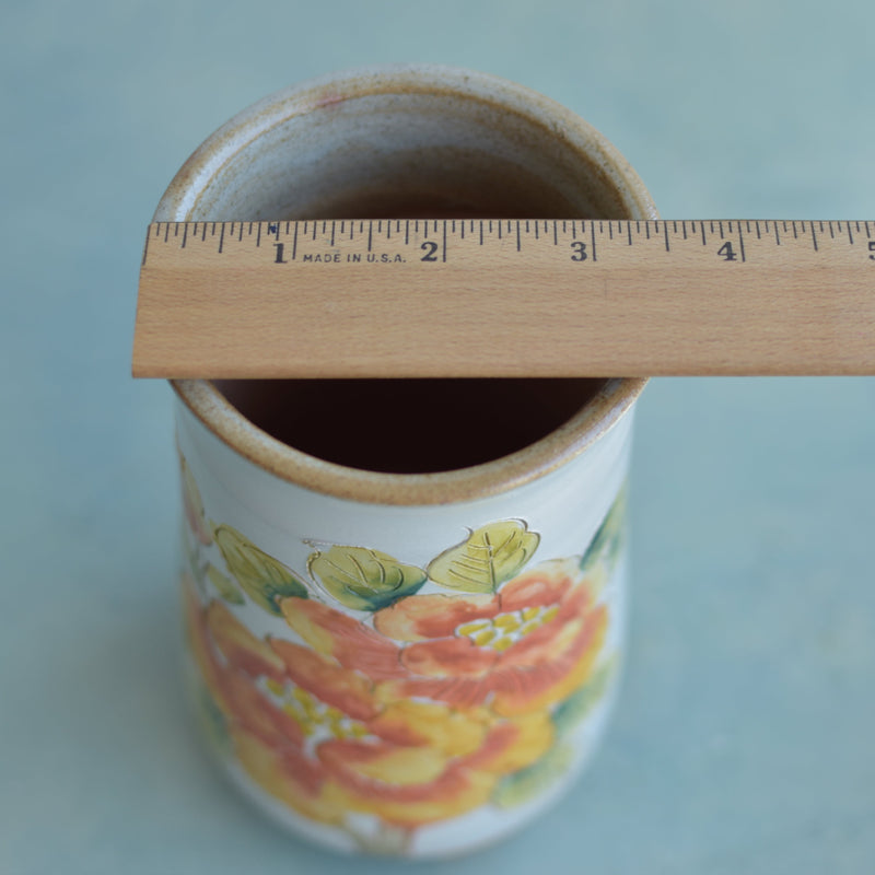 Tall Handmade Ceramic Succulent Pot with Orange Flowers Approximately 3.5" Wide x 7" Tall