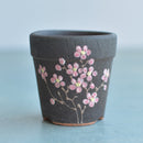 Small Black Handmade Ceramic Succulent Pot with Pink Flowers Approximately 2"