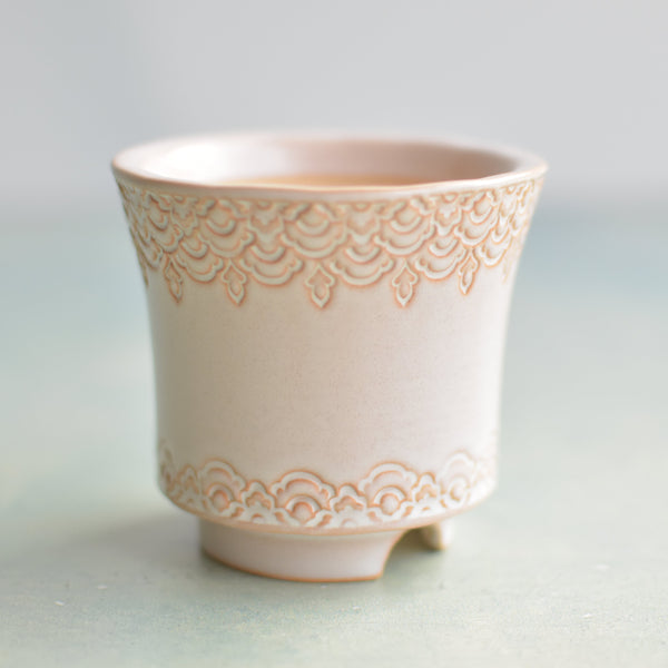 Orange and Beige Handmade Ceramic Succulent Pot with Flower Design Approximately 2" (Toun Kiln Studio)
