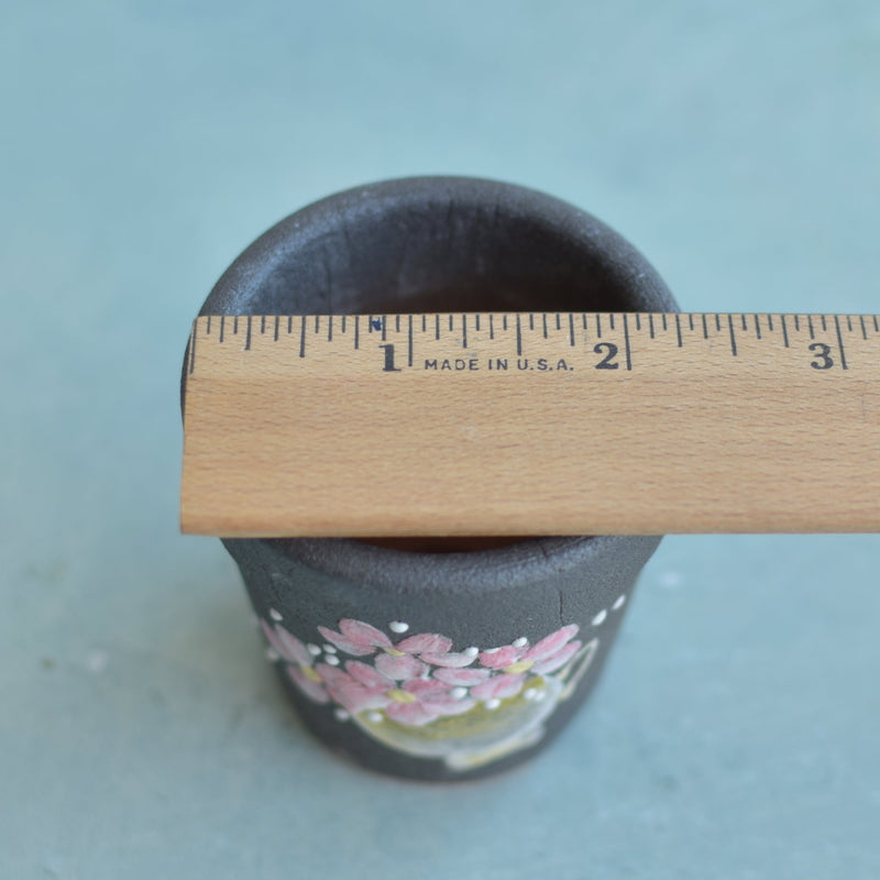 Small Black Handmade Ceramic Succulent Pot with Pink Flowers in Pot Approximately 2"