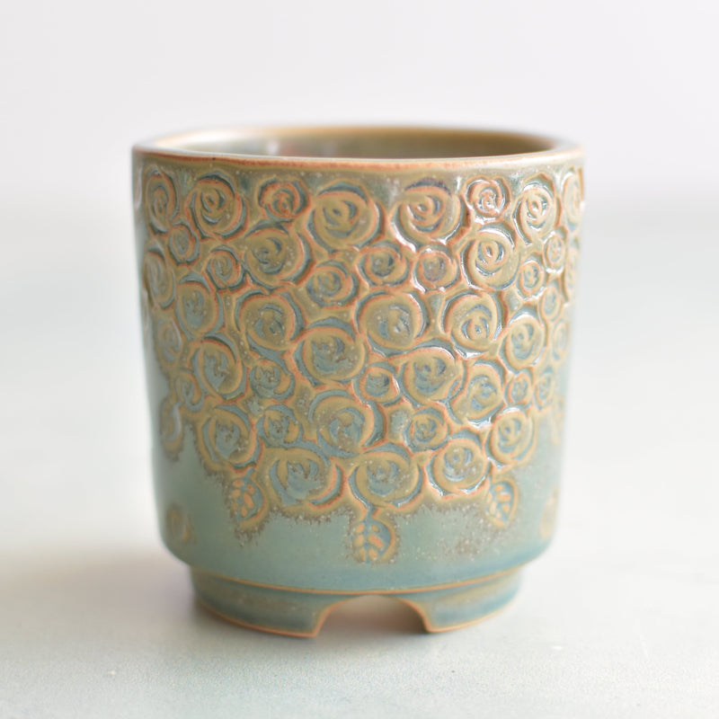 Green Handmade Ceramic Succulent Pot with Flower Design Approximately 2" (Toun Kiln Studio)