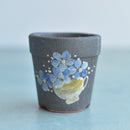 Small Black Handmade Ceramic Succulent Pot with Blue Flowers in Pot Approximately 2"
