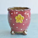 Handmade Red Ceramic Succulent Pot with Yellow Flower Approximately 3"