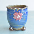 Handmade Blue Ceramic Succulent Pot with Red Flower Approximately 3"