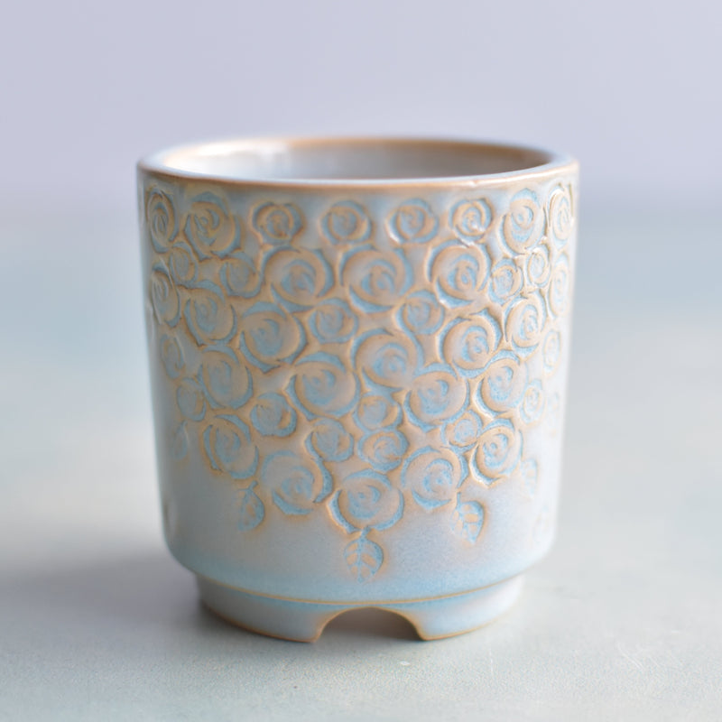 Light Blue Handmade Ceramic Succulent Pot with Flower Design Approximately 2" (Toun Kiln Studio)