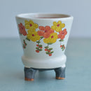 Handmade White Ceramic Succulent Pot with Orange and Yellow Flowers Approximately 3.5"