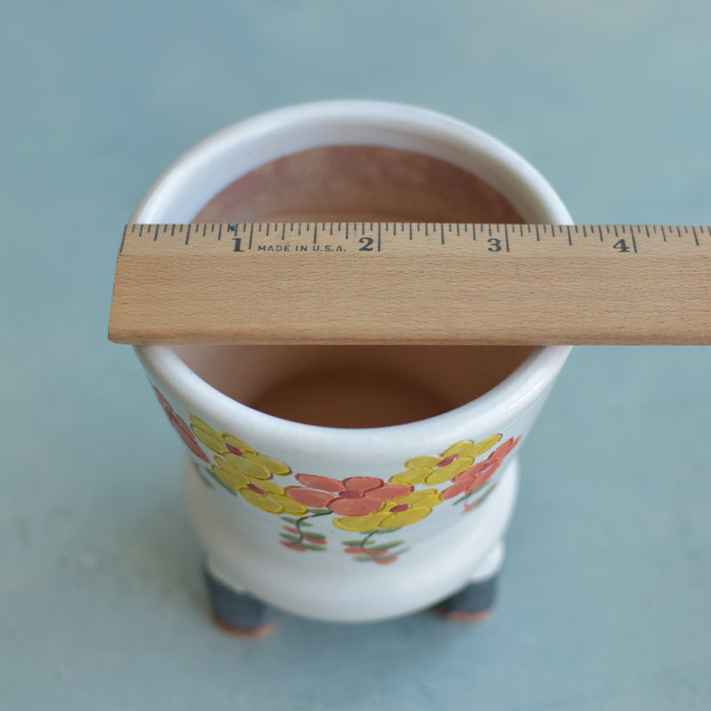 Handmade White Ceramic Succulent Pot with Orange and Yellow Flowers Approximately 3.5"