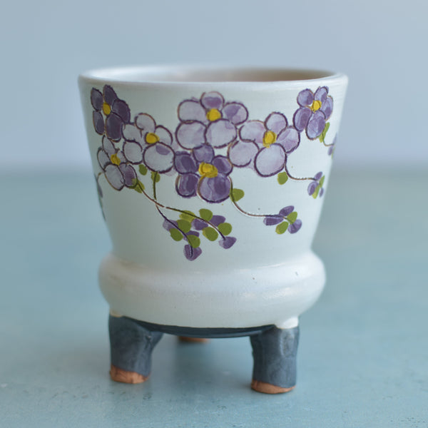 Handmade White Ceramic Succulent Pot with Purple Flowers Approximately 3.5"