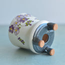 Handmade White Ceramic Succulent Pot with Purple Flowers Approximately 3.5"