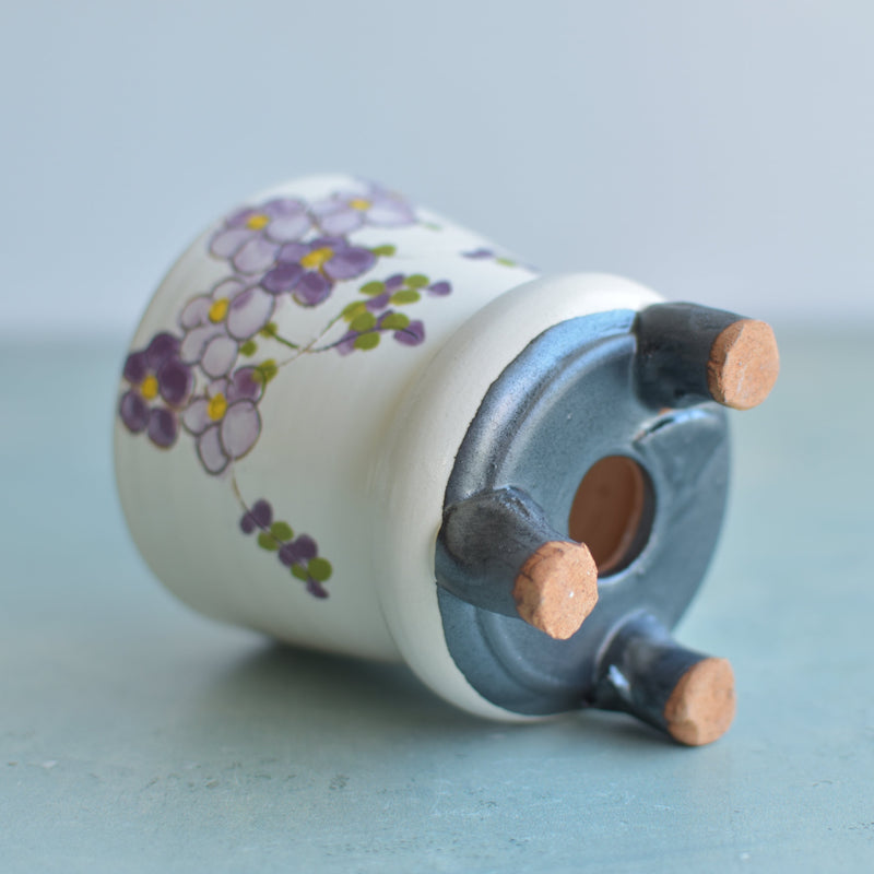 Handmade White Ceramic Succulent Pot with Purple Flowers Approximately 3.5"