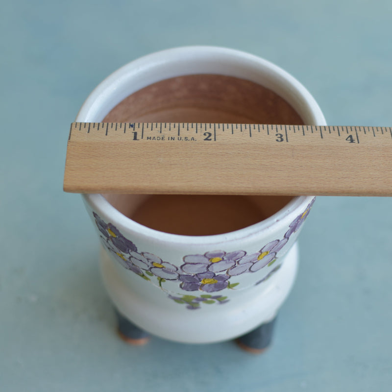 Handmade White Ceramic Succulent Pot with Purple Flowers Approximately 3.5"