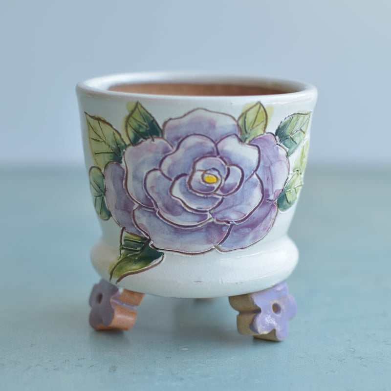 Handmade White Ceramic Succulent Pot with Purple Flower and Flower Feet Approximately 3.5"