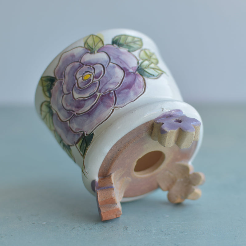 Handmade White Ceramic Succulent Pot with Purple Flower and Flower Feet Approximately 3.5"
