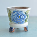 Handmade White Ceramic Succulent Pot with Blue Flower and Flower Feet Approximately 3.5"