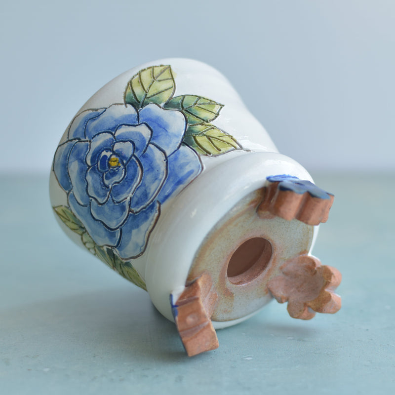 Handmade White Ceramic Succulent Pot with Blue Flower and Flower Feet Approximately 3.5"