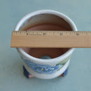Handmade White Ceramic Succulent Pot with Blue Flower and Flower Feet Approximately 3.5"