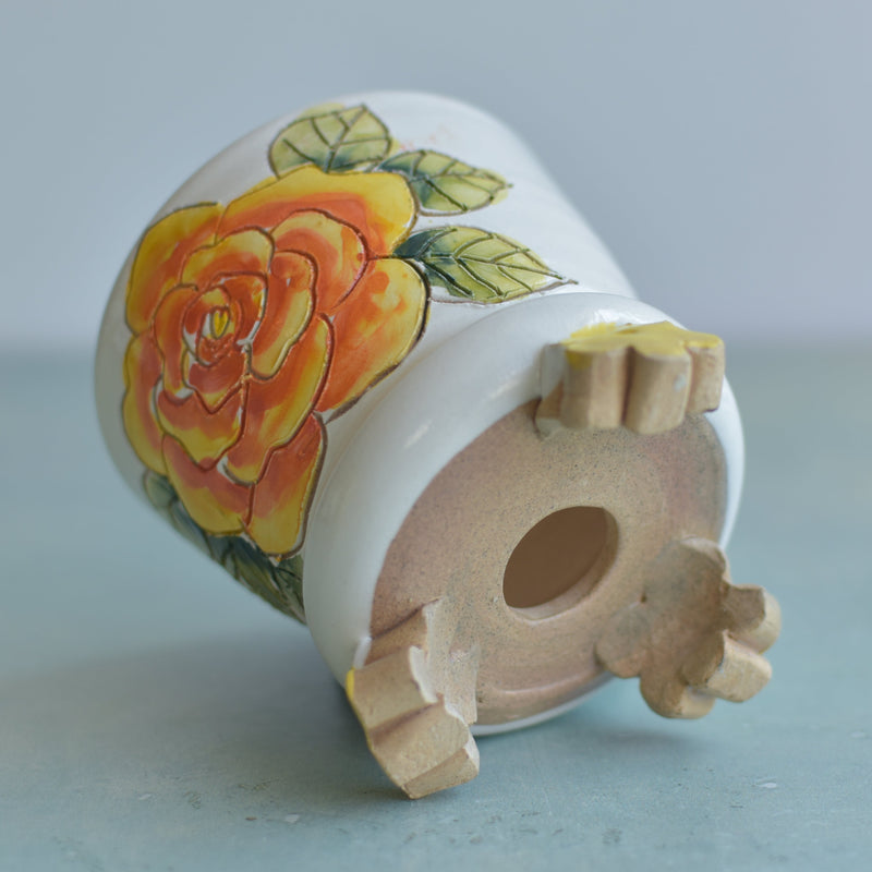 Handmade White Ceramic Succulent Pot with Orange Flower and Flower Feet Approximately 3.5"